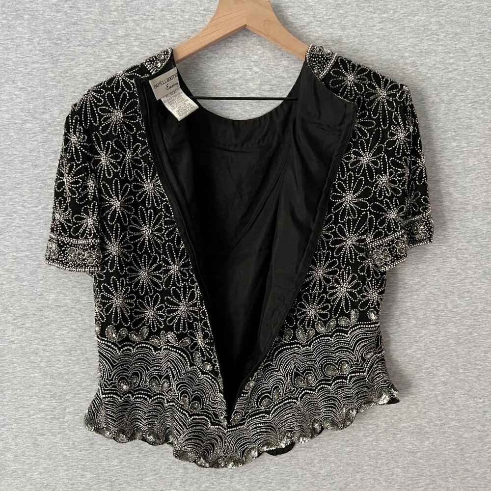 Vintage 90s Papell Boutique Evening Beaded Silk Top Womens XL Black Silver Spark - Picture 3 of 13